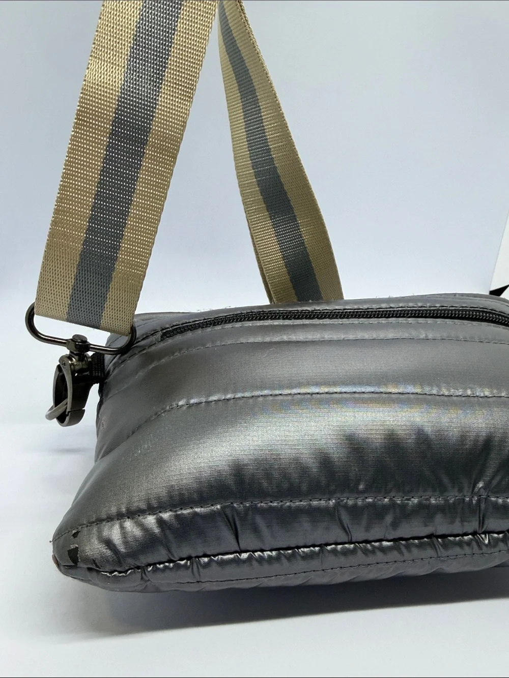 THINK ROYLN Gray Quilted Messenger Bag with Striped Tan Strap